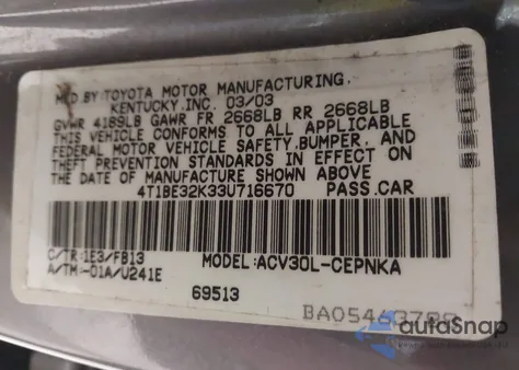 2003 Toyota Camry Le from USA, damaged, VIN 4T1BE32K33U716670